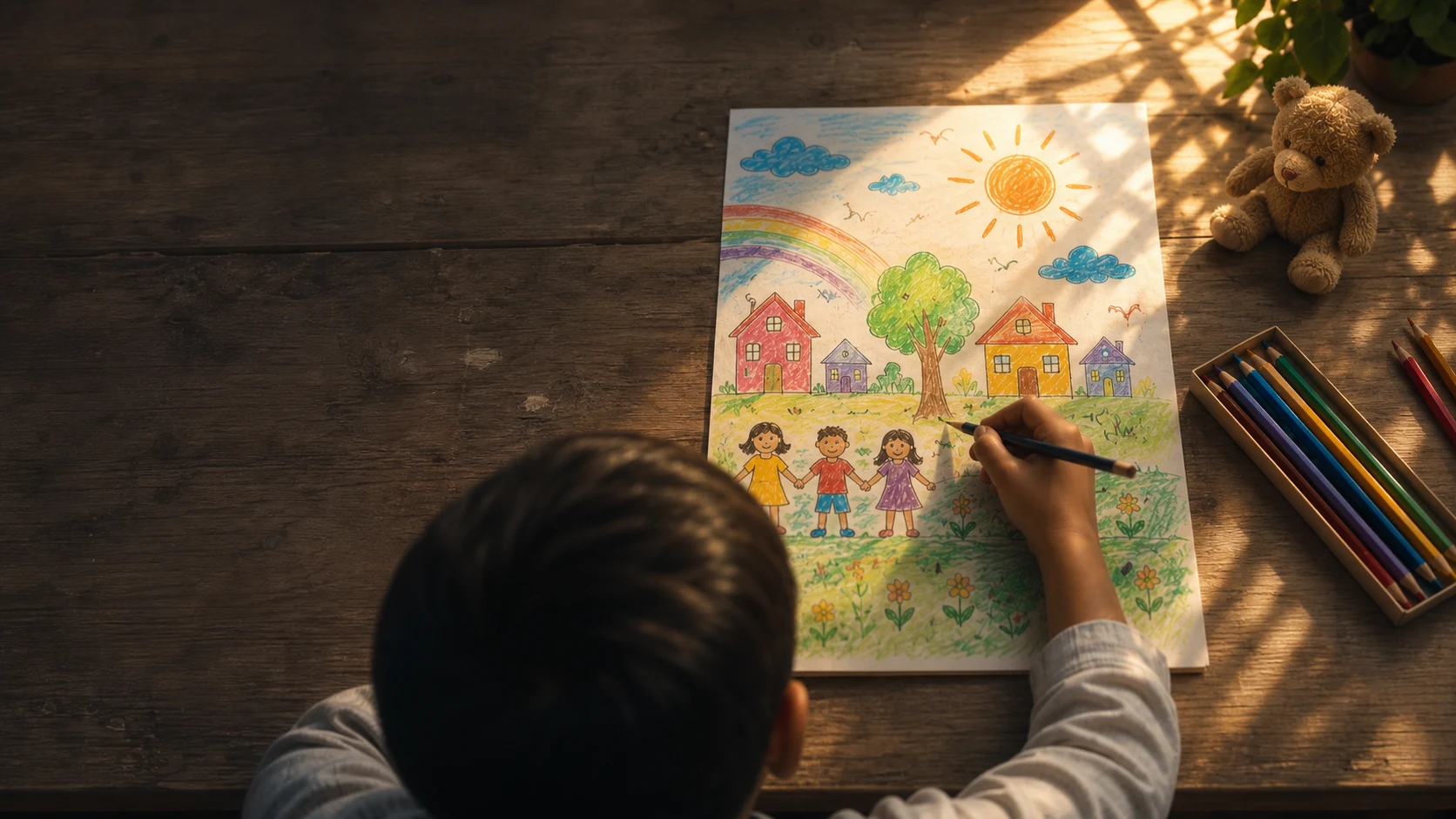 A child drawing a bright community scene with houses, trees, a rainbow, and friends.